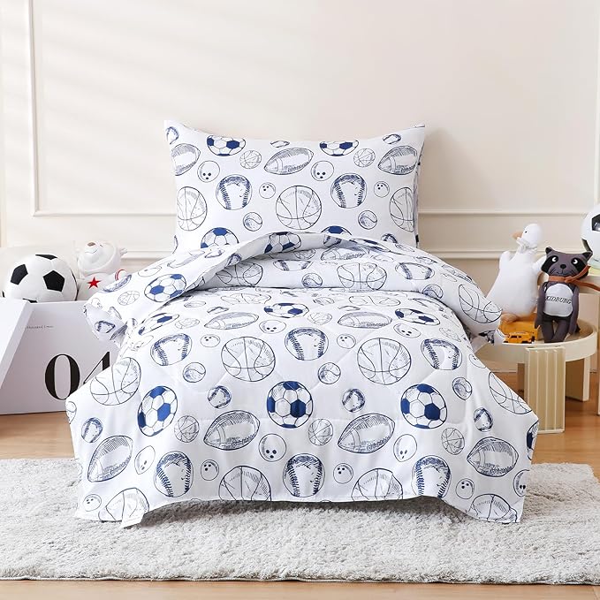 LONAVA Twin Kids Comforter Set - 4 Pieces Twin Bedding Sets for Boys Girls Children, Ultra Soft Microfiber Bed in A Bag with Flat Fitted Sheets, Ball Sports