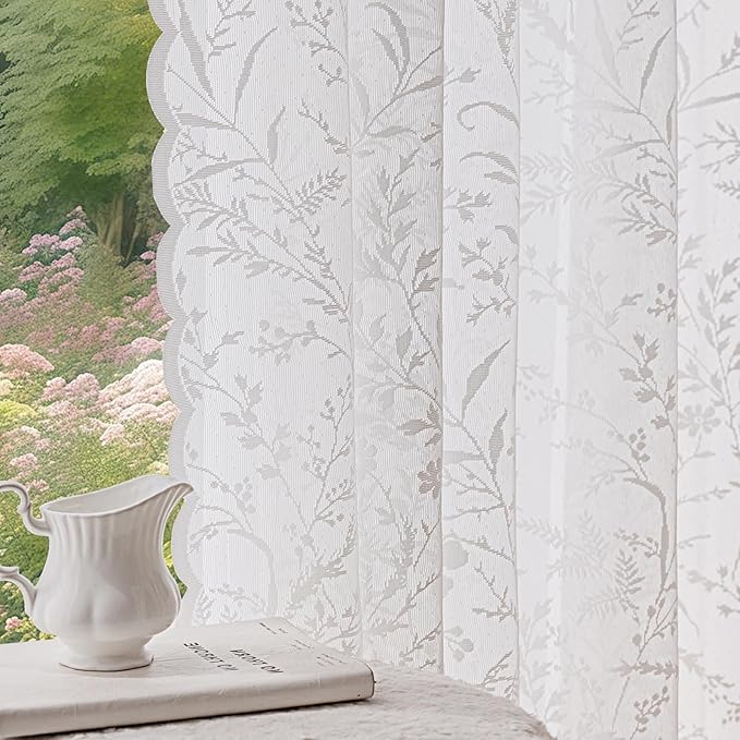 Anmao Vintage Lace Curtains 102 Inches Long 2 Panels Set, Romantic Elegant Light Filtering Semi Sheer Floral Thick Lacy Curtain Drapes for Living Room and Bedroom, Each Panel 55W x 102L, White Leaves