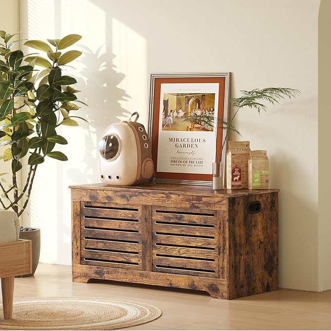 DINZI LVJ Storage Chest, 39.4”Wooden Toy Box with 2 Safety Hinges, Retro Entryway Shoe Storage Bench with Flip-Top, Sturdy Large Storage Trunk for Living Room, Bedroom, Easy Assembly, Rustic Brown