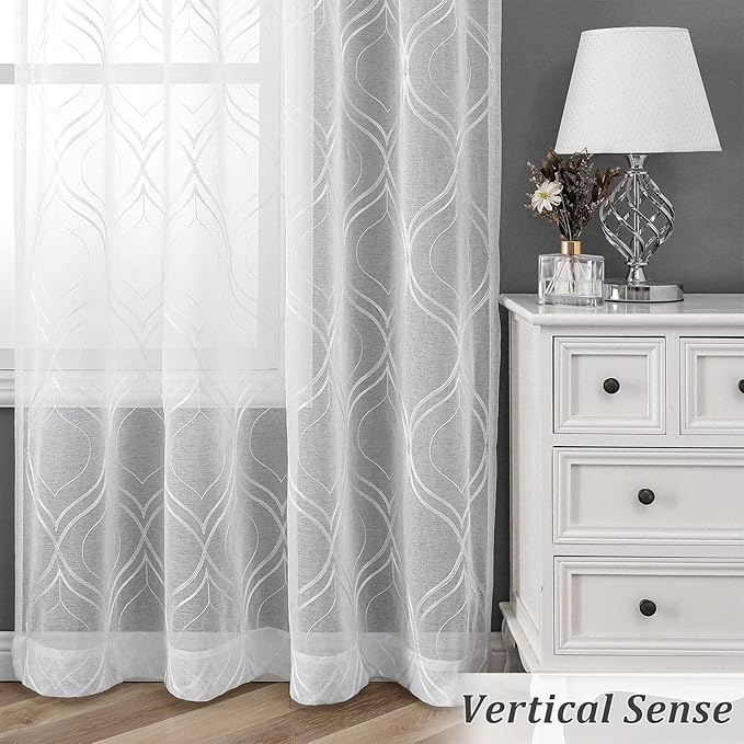 VISIONTEX White Sheer Curtains 120 Inches Long 2 Panels Set Moroccan Embroidered Curtains Trellis Decor French Textured Rod Pocket Voile Tulle Semi Window Drapes for Bedroom Living Room 54 x 120 Inch