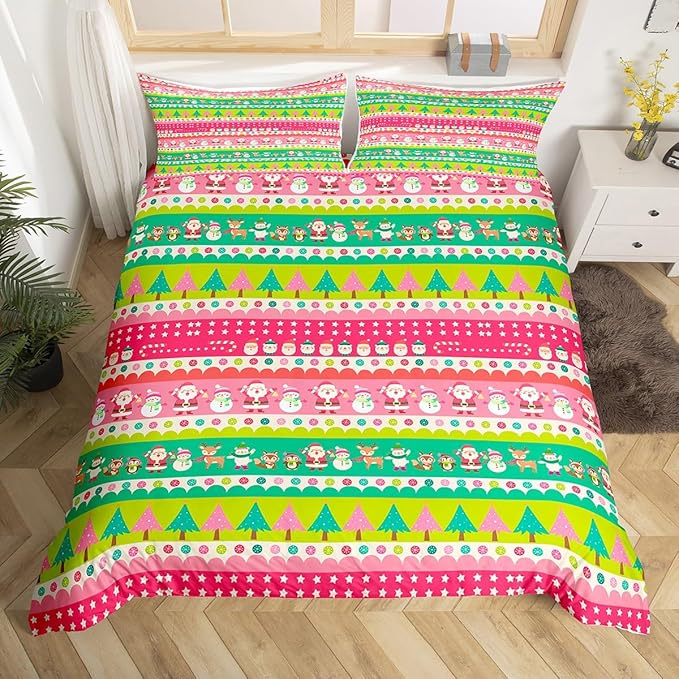 Christmas Bedding Set Cute Fox Santa Claus Polar Bear Comforter Cover for Kids Boys Girls Teens Christmas Tree Duvet Cover Breathable Pink Dots Stripe Bedspread Cover Room Decor Quilt Cover Full Size