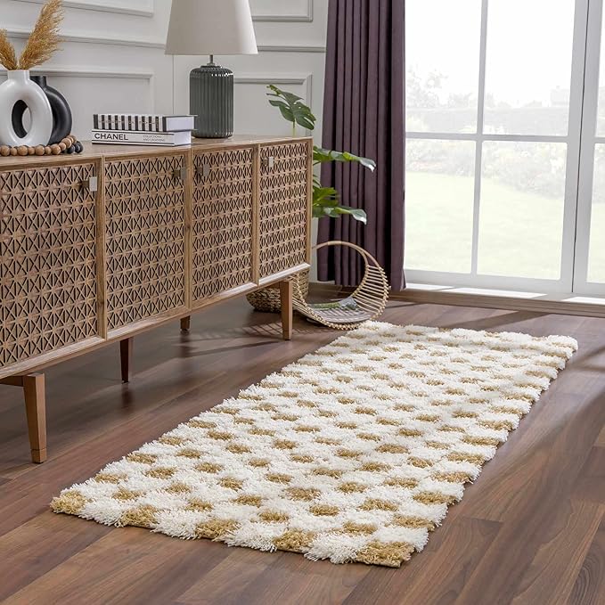 Hauteloom Atira Contemporary Checkered Fluffy Shag Runner Rug - Modern Geometric Carpet Tiles for Hallway, Kids Room - Plush Pile Carpet Squares - Light Mustard,Cream - 2'7" x 10'
