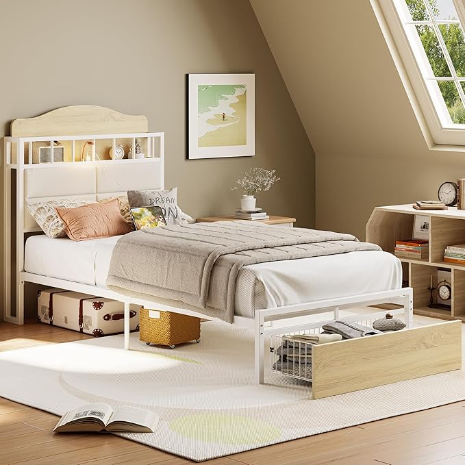 LIKIMIO Twin Bed Frame with Guardrail & Bedside Caddy, Multifunctional Headboard with Charging Station, Durable Metal Platform Bed, Noise-Free, No Box Spring Needed, White