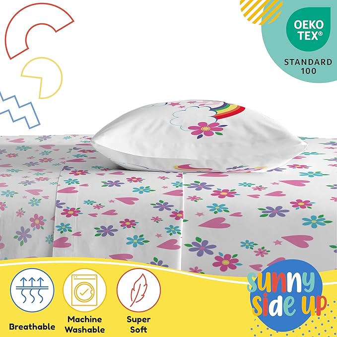 Sunny Side Up Rainbow Unicorns Toddler Sheet Set - 3 Piece Toddler Bedding Set Includes Pillow Cover - Super Soft Floral Hearts Microfiber Sheets
