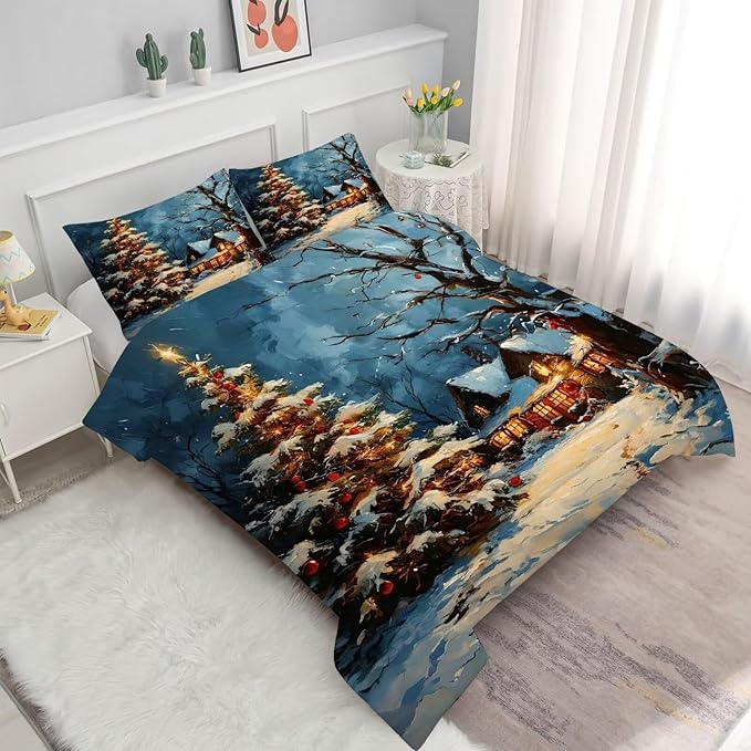Christmas Comforter Set Full: Christmas Tree Bedding for Girls Bedroom Winter Scenery Festival Xmas Quilt Set Women Teens 1 Comforter & 2 Pillowcases