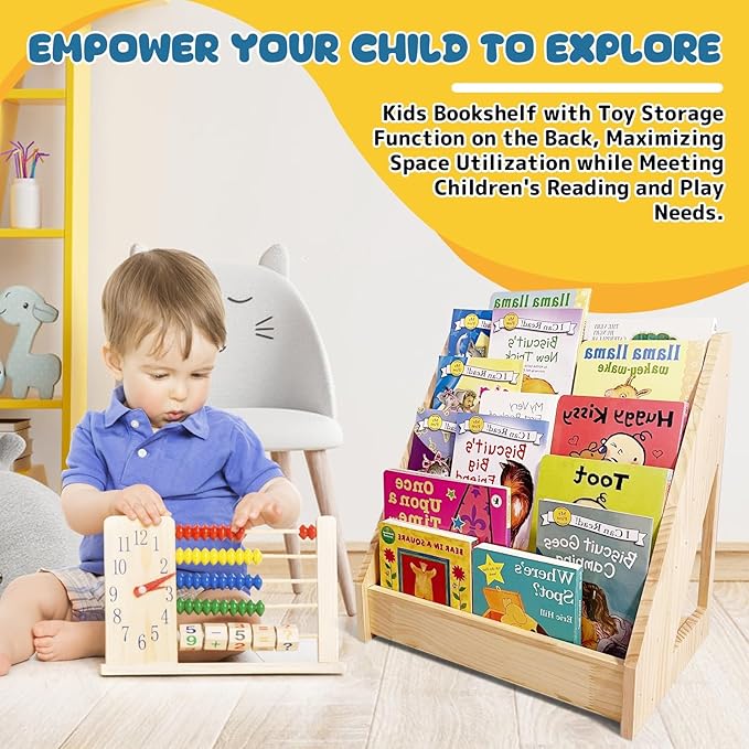 TONGMO 5-Tier Montessori Bookshelf - Front Facing Kids Bookshelf with Back Storage, Perfect for Toddler, Children's Room, and Reading Nook (Natural)
