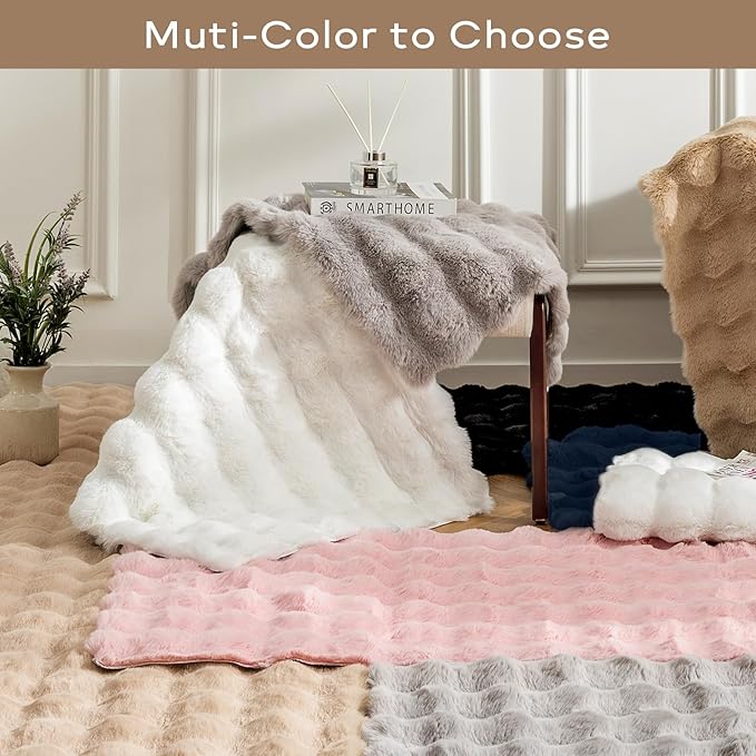 Ashler Faux Rabbit Fur Area Rug, Beige 2x3 FT Fluffy Soft, Rectangle Fuzzy Carpet for Living Room, Bedroom, Machine Washable Shaggy Nursery - 3D Bubble