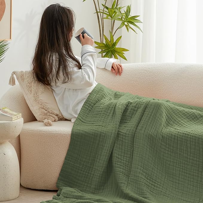 Love's cabin 6 Layer 100% Cotton Muslin Blanket, 108"x90" Muslin King Size Blanket for Bed Couch, Lightweight and Breathable Cotton Gauze for Adult, Sage Green