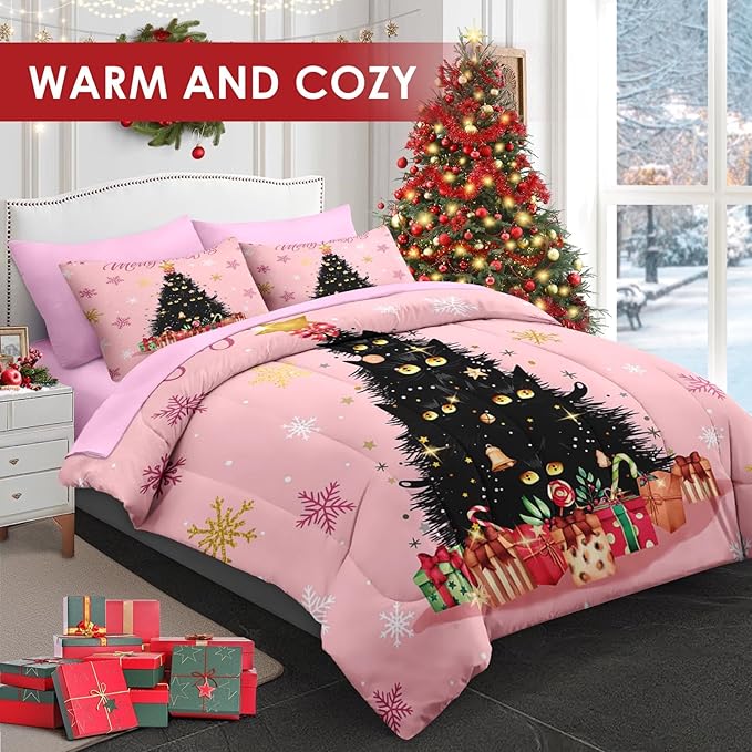 5 Pcs Twin Size Christmas Comforter Set with Pillowcase & Sham, Black Cat Xmas Trees Bedding for Kids and Adults, Pink Snowflakes Bed in a Bag with Flat Fitted Sheet