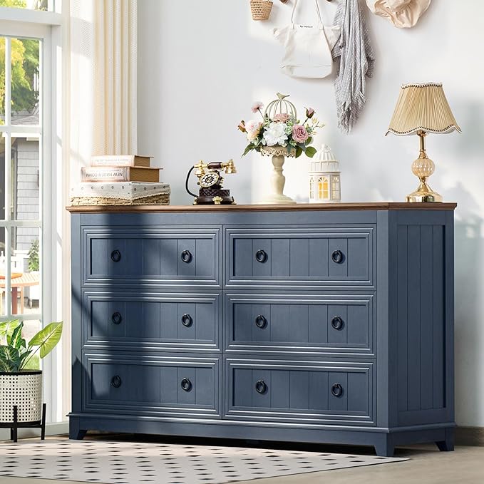Farmhouse Living Room Sets, Night Stands Set of 2 and 6 Drawers Dresser for Bedroom, 54 Inch Wide Wood Dresser and 18.1" Night Stands with Charging Station for Bedroom, Living Room, Hallway