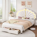 Keyluv Full Princess Bed Frame with Storage Drawers, Soft Velvet Upholstered LED Platform Bed with Adjustable Modern Shell Headboard, No Box Spring Needed, Noise-Free, Beige