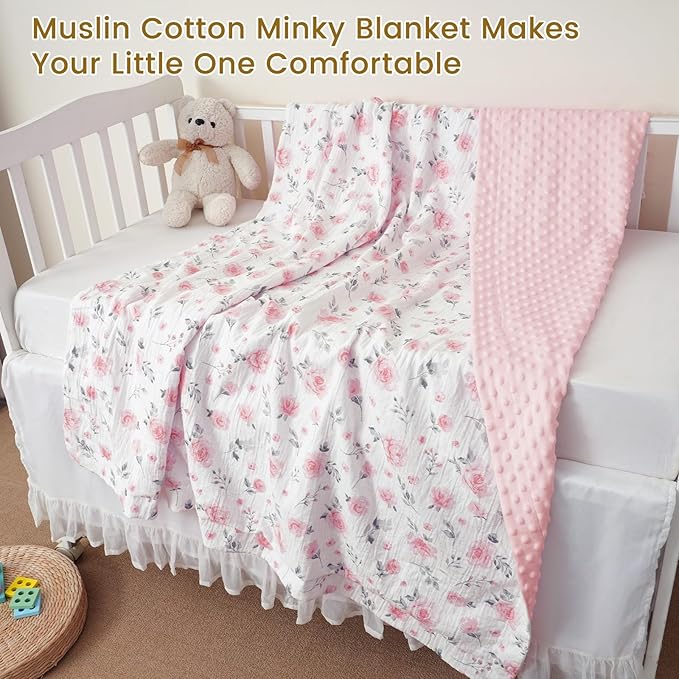 david's kids Muslin Minky Baby Blanket for Girls with Muslin Cotton Front and Dotted Fleece Backing, Breathable and Soft Lightweight Receiving Blanket for Newborns, 30x40 Inches, Floral