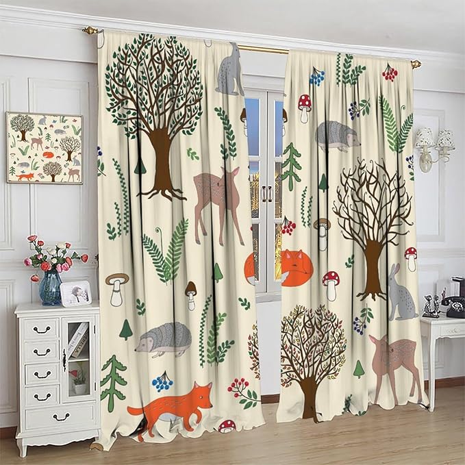 Kids Forest Animal Curtains, Rustic Cute Wild Animal Fox Deer Hedgehog Window Treatments Farmhouse Woodland Window Drapes for Girls Boys Nursery Toddler Bedroom 55x63in