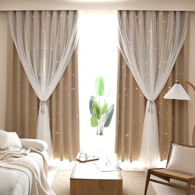 Kinryb Kids Blackout Curtains for Bedroom/Living Room/Classroom, Sheer Overlay 72 Inches 2 Panel Set, Double Layer Curtains with Star Cutout for Kids Room(W 52 x L 72 Inches,Beige 2 Pcs)