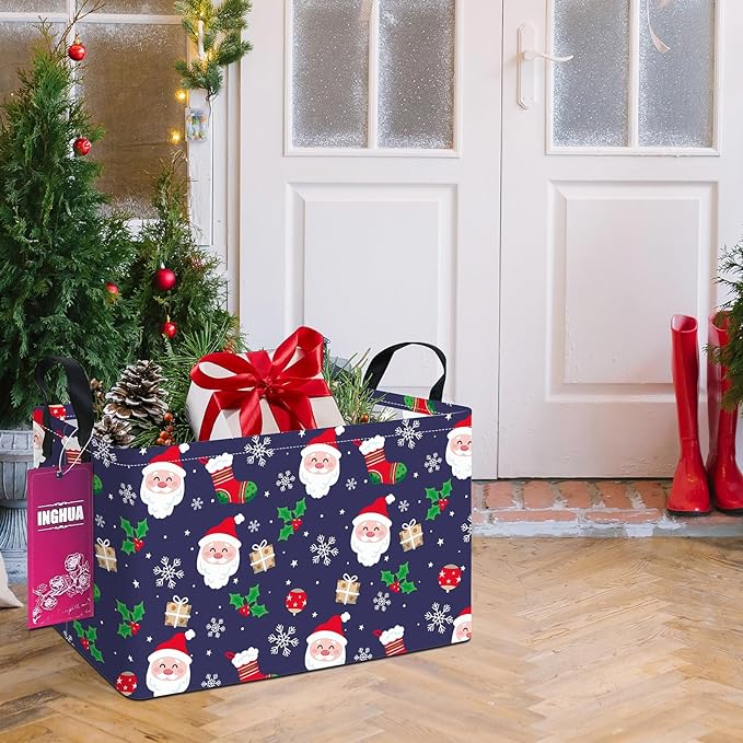 Rectangular Christmas Storage Basket Fabric Organizer Bin for Toys,Books,Clothes,Gifts,Pets-Perfect for Home,Office,Nursery,Dorm,Shelf(Rec-Christmas gift basket)