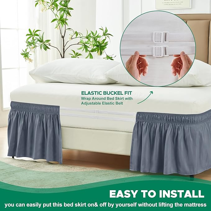 Biscaynebay Wrap Around Bed Skirts for King & Cal King Beds 15" Drop, Dark Grey Adjustable Elastic Dust Ruffles Easy Fit Wrinkle & Fade Resistant Silky Luxurious Fabric Machine Washable