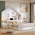 Full Size Kids Floor Bed with Safety Fence, Solid Wood Montessori Platform Bed with House Shape Headboard with Bedside Drawers, Shelves, Sockets and USB Port for Kids Boys Girls (White-LF)
