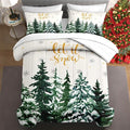 7 Pcs Full Size Christmas Comforter Set with 2 Pillowcases & 2 Shams, Countryside Nature Snowy Bedding for Kids and Adults, Winter Forest Green Pine Tree Bed in a Bag with Flat Fitted Sheet