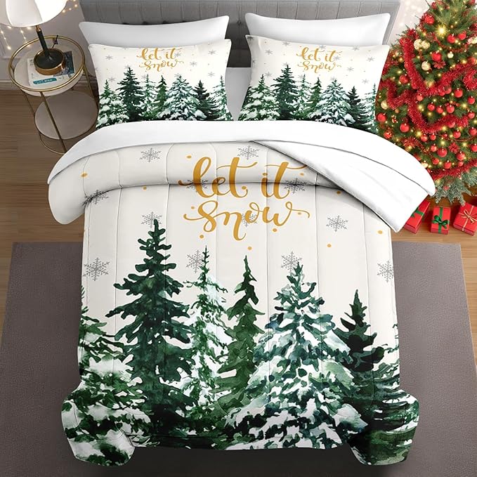 7 Pcs King Size Christmas Comforter Set with 2 Pillowcases & 2 Shams, Countryside Nature Snowy Bedding for Kids and Adults, Winter Forest Green Pine Tree Bed in a Bag with Flat Fitted Sheet