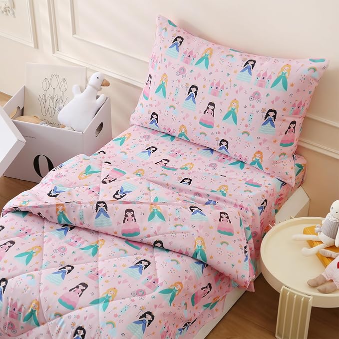 LONAVA Toddler Kids Comforter Set - 4 Pieces Toddler Bedding Sets for Boys Girls Children, Ultra Soft Microfiber Bed in A Bag with Flat Fitted Sheets, Princess
