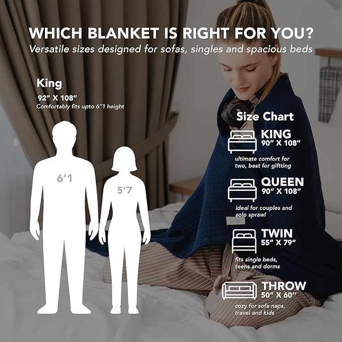 Goqan Muslin Blanket Queen 79x90 – 100% Cotton 4 Layer Boho Muslin Blanket for Adults, Lightweight, Soft, Breathable for Bed, Couch - Navy