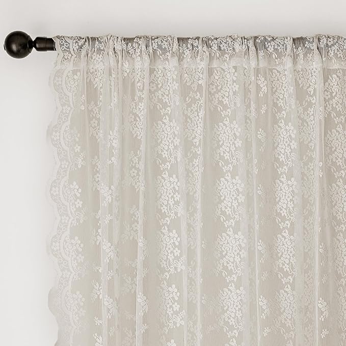 Anmao Vintage Lace Curtains 54 Inches Long 2 Panels Set, Romantic Elegant Light Filtering Semi Sheer Floral Thick Lacy Curtain Drapes for Living Room and Bedroom, Each Panel 55W x 54L, Beige Plum
