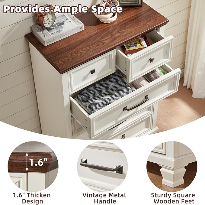 Farmhouse Bedroom Dresser and Nightstand Set of 4, 6 Drawer Tall & 5 Drawers Dresser & 3 Drawer Nightstand Set with Wooden Legs, Rustic Wood Furniture for Bedroom, Hallway, White