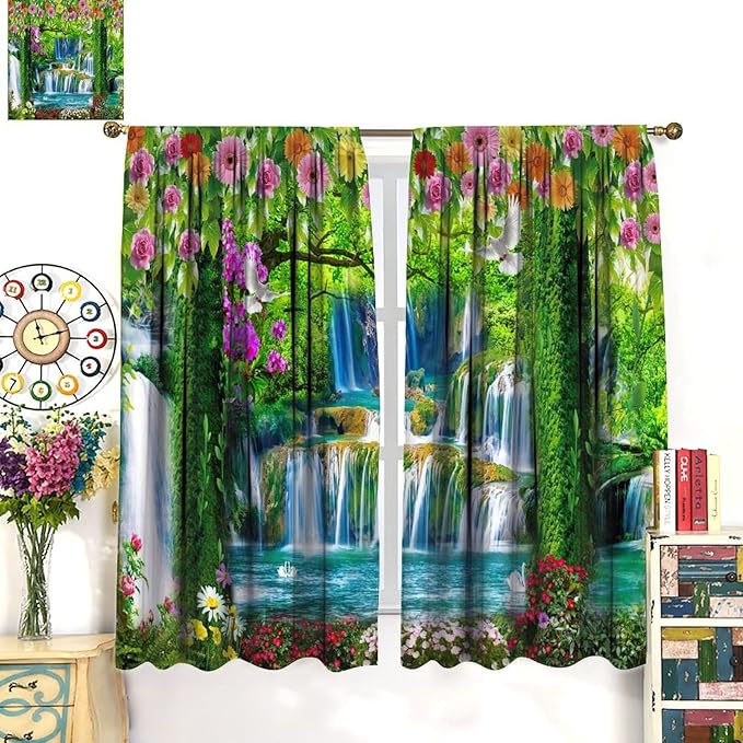 Jungle Nature Blackout Window Curtains, Trees Scenic Waterfall and River Spring Pattern Print Window Drapes, for Living Room Bedroom 63x63in 2 Panels