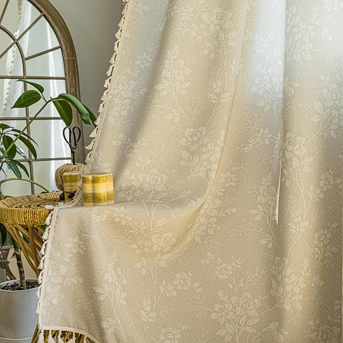 ENJOYBRIDAL Floral Curtains 84 Inches Long 2 Panels Light Camel Rustic Drapes Rod Pocket Bedroom Living Room Semi Sheer Window Curtain Panels Floor Length Farmhouse Boho Chic Cute Window Treatments