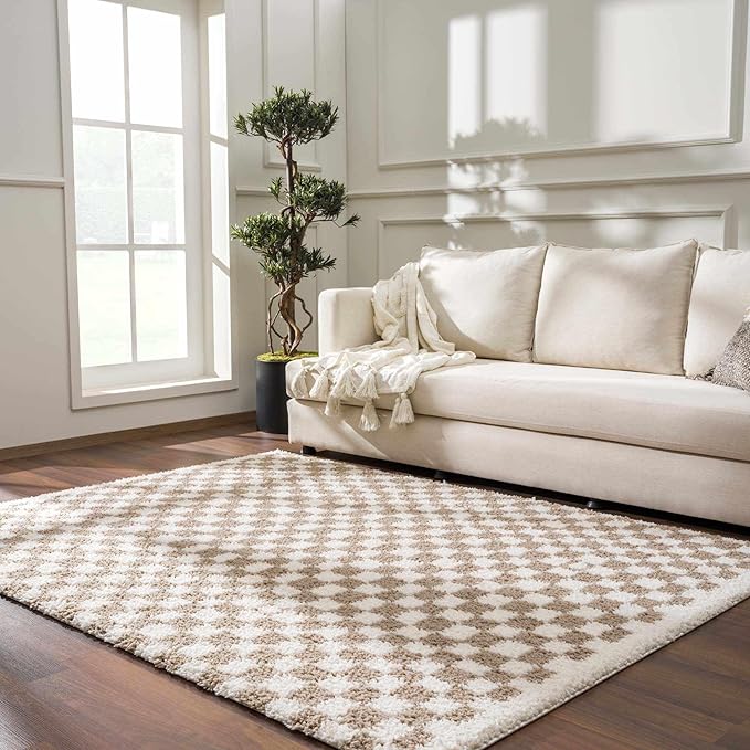 Hauteloom Kieu Contemporary Checkered Fluffy Shag Area Rug - Modern Geometric Soft Carpet Tiles for Living Room, Kids Room, Nursery - Gray, Taupe, White - 18" Sample