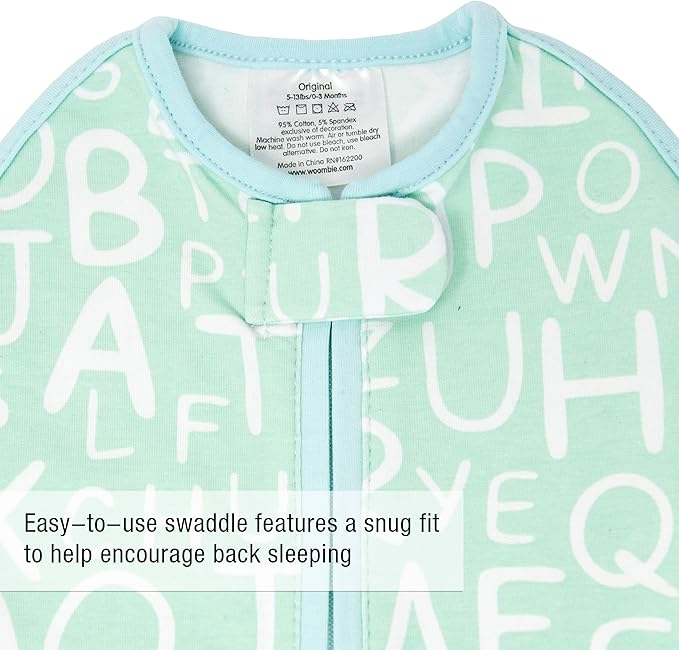 Woombie Original Baby Swaddling Blanket - Soothing, Cotton Zippered Swaddle - Wearable Newborn Blanket, Mint Alphabet, 14-19 lbs