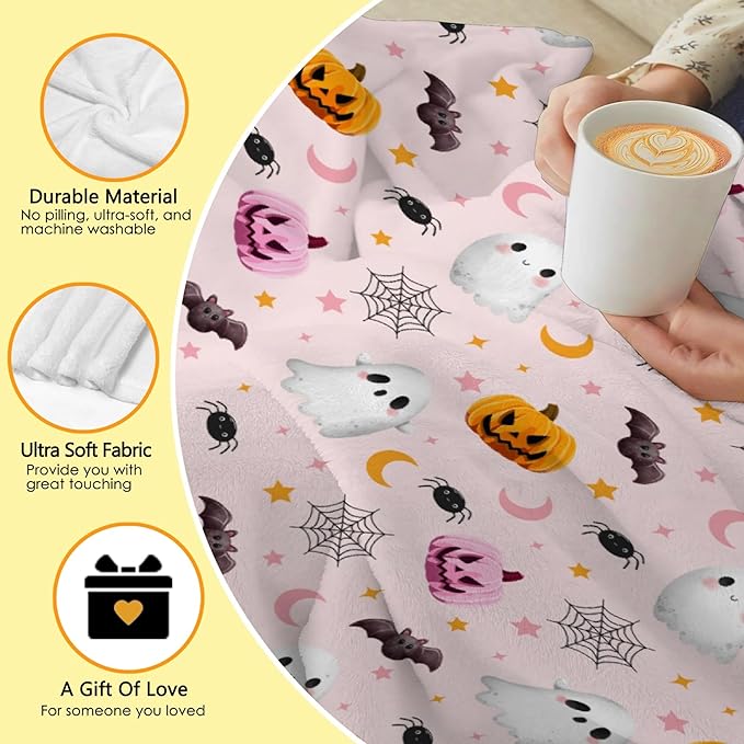 Halloween Ghost Pumpkin Blanket - Cute Decor for Couch, Sofa, Bed, Living Rooms - Gifts for Girls Boys - 40"x50" Kids/Throw Size