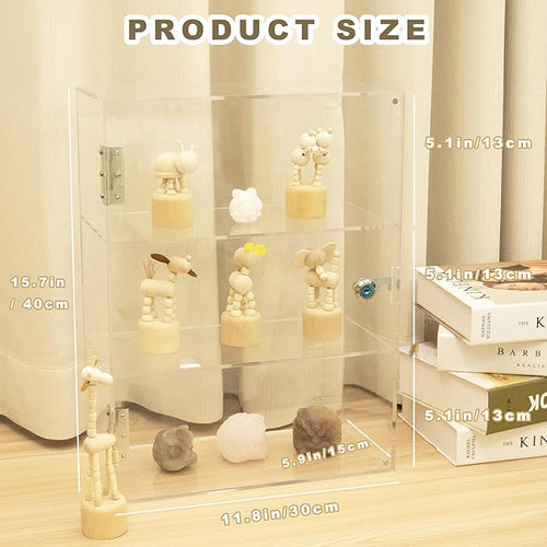 Acrylic Display Case with Lock Key, 3 Shelf Locking Countertop Display Case Cabinet Showcase with Shelves for Collectibles Office Retail Display Safe Storage 11.8x5.9x15.7 Inch