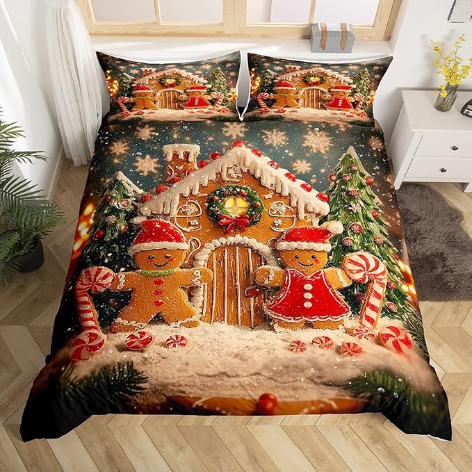 Feelyou Cute Gingerbread Man Duvet Cover Queen Size Cartoon Christmas Bedding Set for Boys Girls New Year Holiday Comforter Cover Reversible Xmas Decor Bedroom Decor 3Pcs