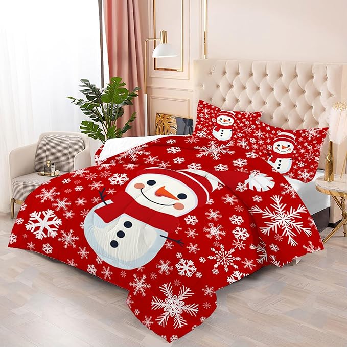 Christmas Comforter Set King: Christmas Snowman Red Bedding Sets King Size for Teen Girls Women Bedroom Xmas Snowflakes Quilt Winter Snow 3 Piece Bed Set 1 Comforter & 2 Pillowcases