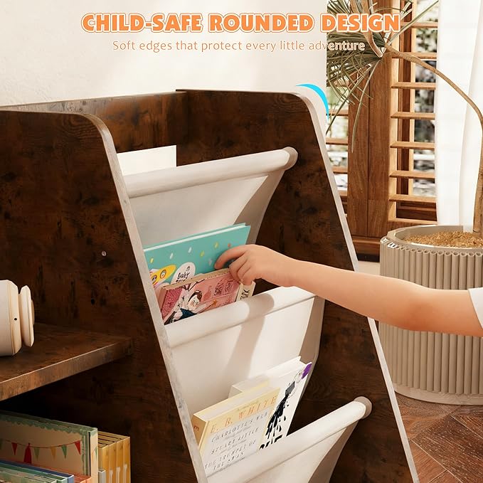 NACHES 3 Tier Kid Bookshelf Wooden 4 Sling Children Bookcase Adjustable Toddler Book Rack Display Toy Storage Organizer Book Display Shelf Stand Classroom Bedroom Nursery Playroom,25 inch(Rustic)