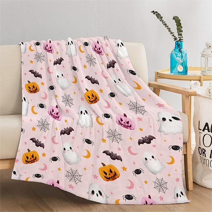 Cute Ghost Pumpkin Blanket - Halloween Decor for Couch, Sofa, Bed, Living Rooms - Ghost Blanket Gifts for Girls & Boys - 30"x40" - Toddlers/Crib Size