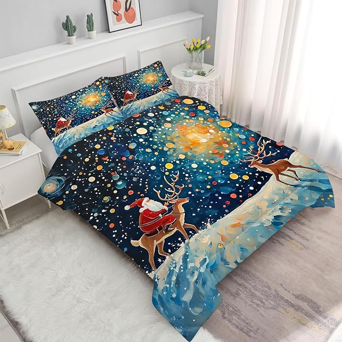 Christmas Comforter Set Full: Galaxy Bedding Sets Blue Festival Santa Claus Deer Quilt Set for Girls Kids Teens Bedroom 1 Comforter & 2 Pillowcases