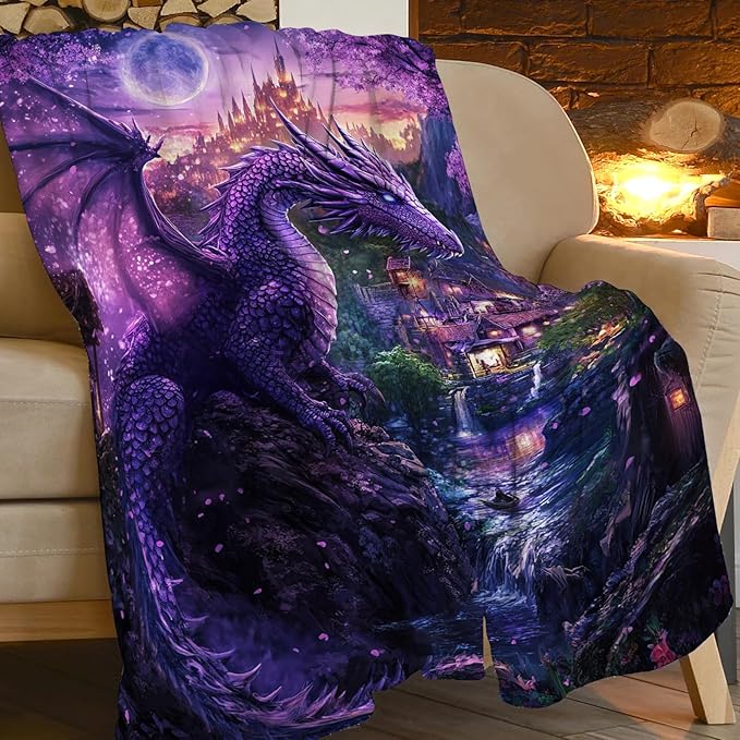 Dragon Blanket Purple Throw Blankets for Girls Boys Soft Warm Cool Mysterious Castle Throws Flannel Fleece Plush Animal Gifts for Kids Men Women Adults for Bed Sofa Bedding Decor 50"x40"