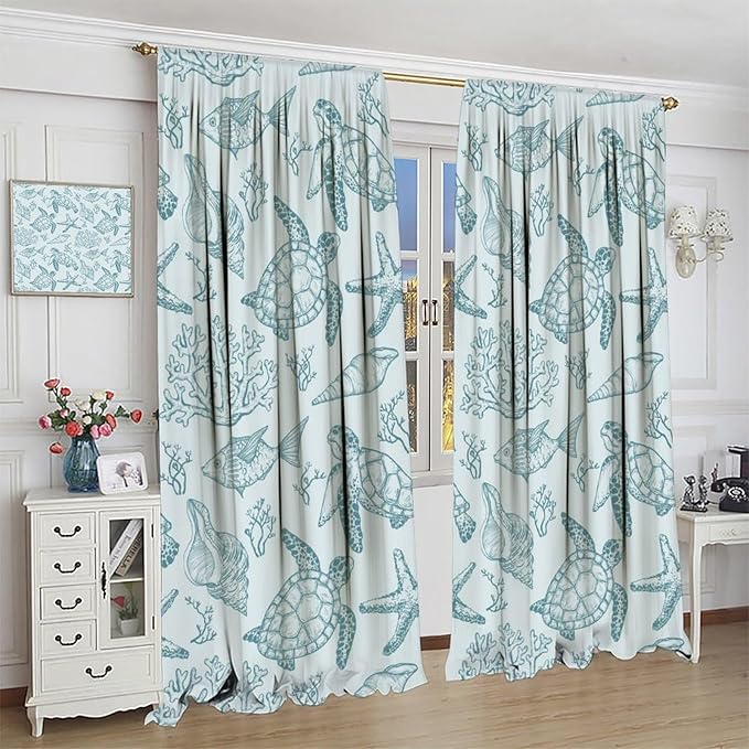 Turtle Starfish Curtains,Coral Starfish Seashell Beach Sea Seashell Theme Pattern Blackout Print Home Bedroom Living Room Window Treatmen 2 Panel Set 55x63 Inch