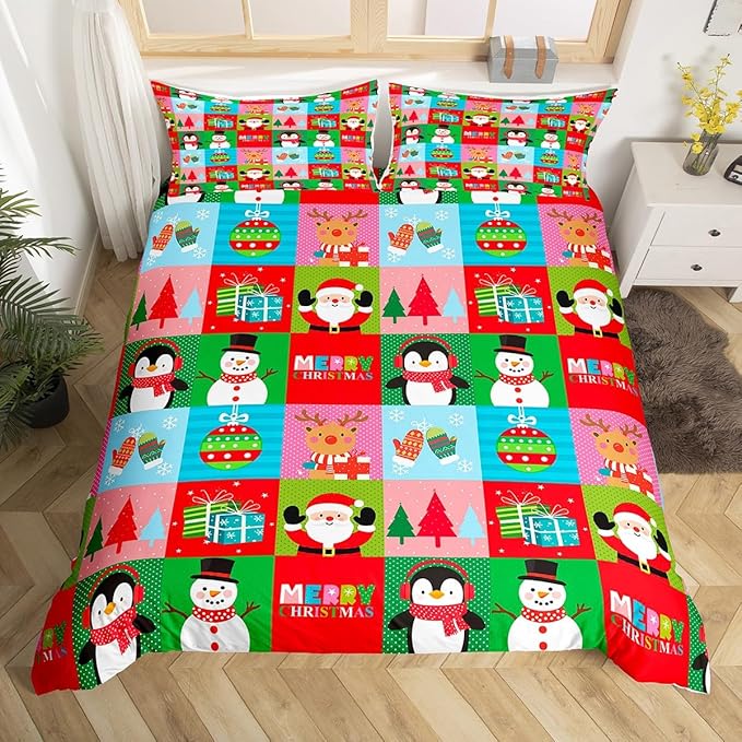Christmas Bedding Set for Kids Boys Girls Santa Claus Christmas Tree Comforter Cover Set Colorful Geometric Grid Duvet Cover Bedroom Decor Xmas Theme Bedspread Cover Full Size Bedding Collection 3Pcs