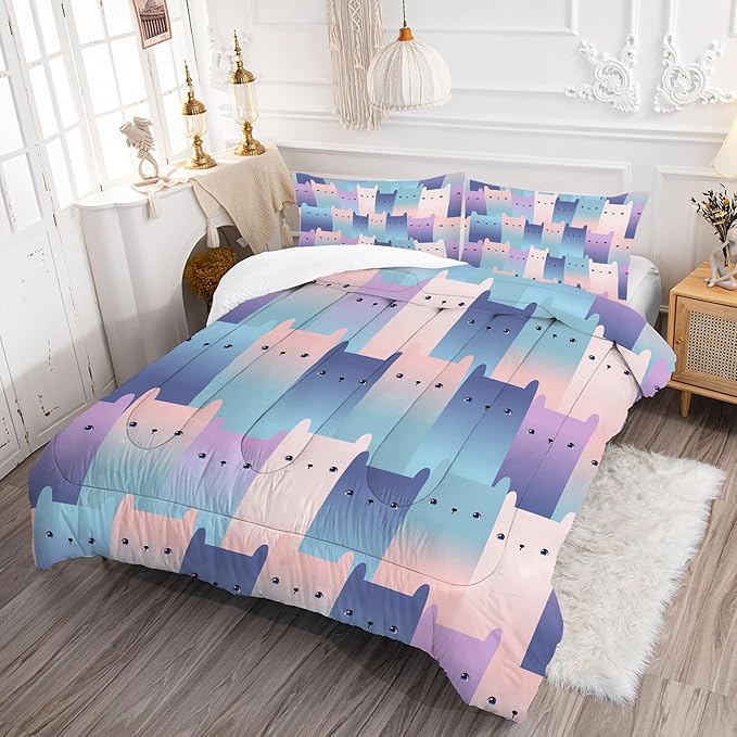 Cat Comforter Set Queen: Cute Gradient Cats Bedding Set for Women Tween Girls Adult Kawaii Kitten Quilts 3 Piece Pet Animal Print Bed Sets 1 Comforter & 2 Pillowcases