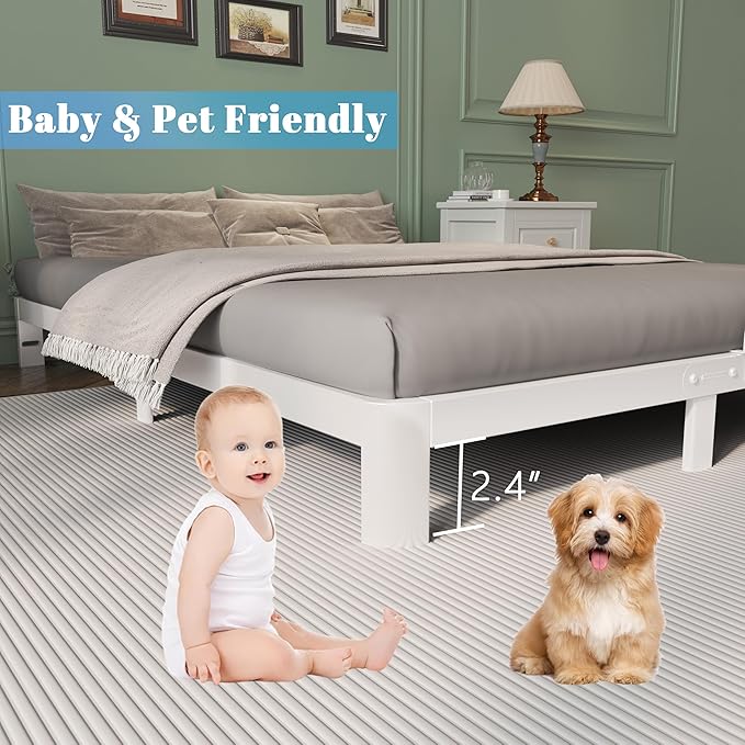 4 Inch Full Size Bed Frame with Metal Gaskets, White Bed Frame Full No Box Spring Needed, Rounded Corner Design, Heavy Duty Steel Platform Support, Noiseless, Easy Assembly
