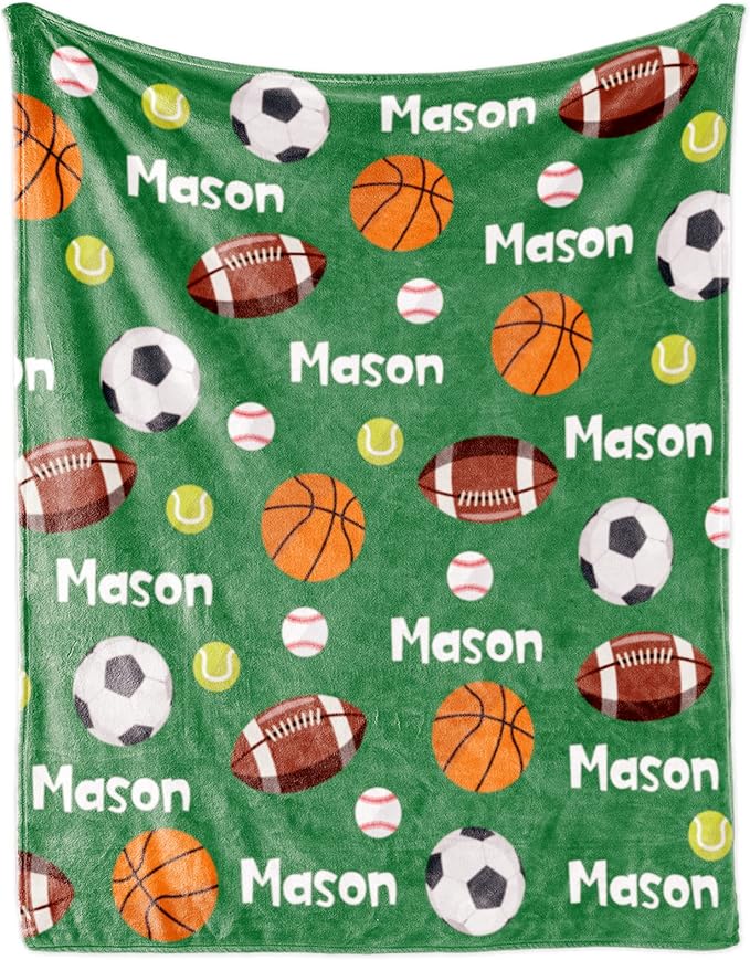 Personalized Ball Blanket with Name for Boys, Custom Name Blanket for Kids Ball, Soft Flannel Ball Toddler Blanket Customized Gift for Birthday Christmas Baby Shower Newborn Gift 30x40in