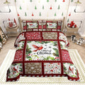 Castle Fairy Merry Christmas Full Size Comforter Set,Xmas Patchwork Watercolor Cardinal Bird Bedding Comforters Bedroom Collection,Floral Leaves Snowflakes Plaid Bedding Set for Girls Teens