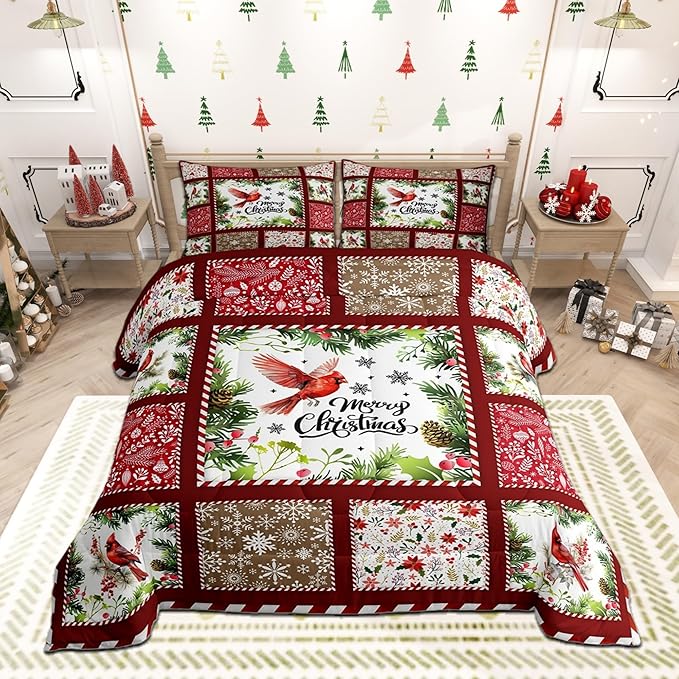 Castle Fairy Merry Christmas Full Size Comforter Set,Xmas Patchwork Watercolor Cardinal Bird Bedding Comforters Bedroom Collection,Floral Leaves Snowflakes Plaid Bedding Set for Girls Teens