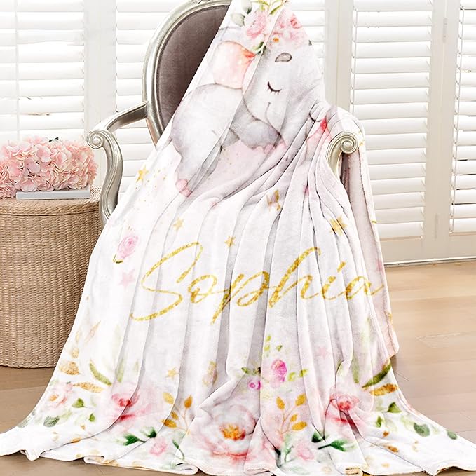 Elephant Blanket Personalized Baby Blanket with Name for Girl, Custom Name Blanket for Newborn Girl, Soft Flannel Toddler Blanket Customized Gift for Birthday Christmas Baby Shower 60" X 80"
