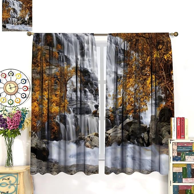 Autumn Tree Leaf Blackout Curtains, Landscape Nature Forest Lake Waterfall Rod Pocket Window Drapes, for Bedroom Living Room 42" W X 63" L
