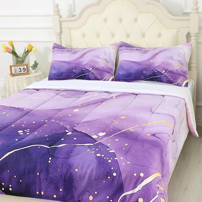 Purple Comforter Set Twin: Light Purple Marble Bedding Sets for Girls Teens Kids Aesthetic Gold Glitter Abstract Marbling Quilts Mauve Pastel Bed Set 2 Piece