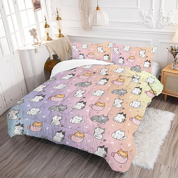 Girls Cat Comforter Set: Twin Size Cute Cats Bedding Set Cartoon Pet Kitten Rainbow Quilt for Kids Teens Boys Kawaii Gray White Kitty Bed Sets 1 Comforter & 1 Pillowcase